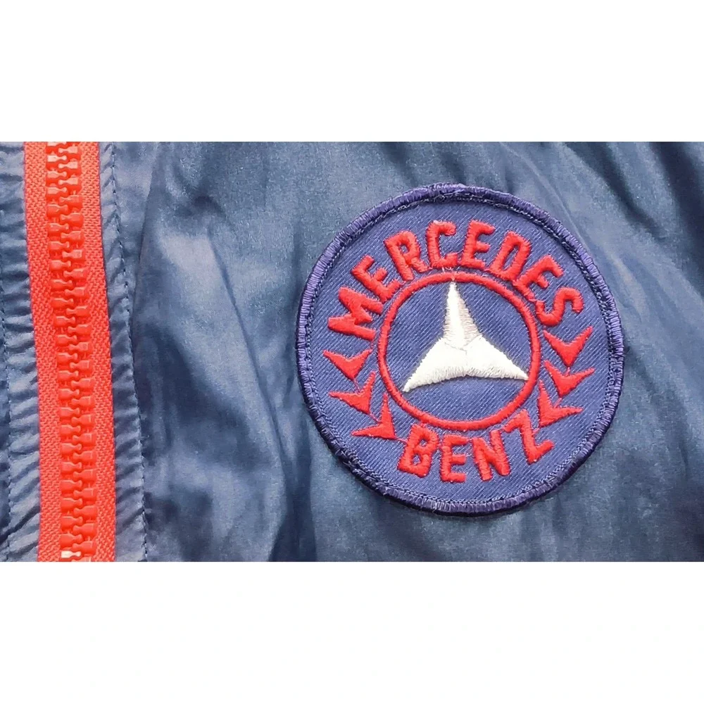 Style Auto Mercedes Benz Jacket Mens Medium Blue Vintage Windbreaker Roll Hood